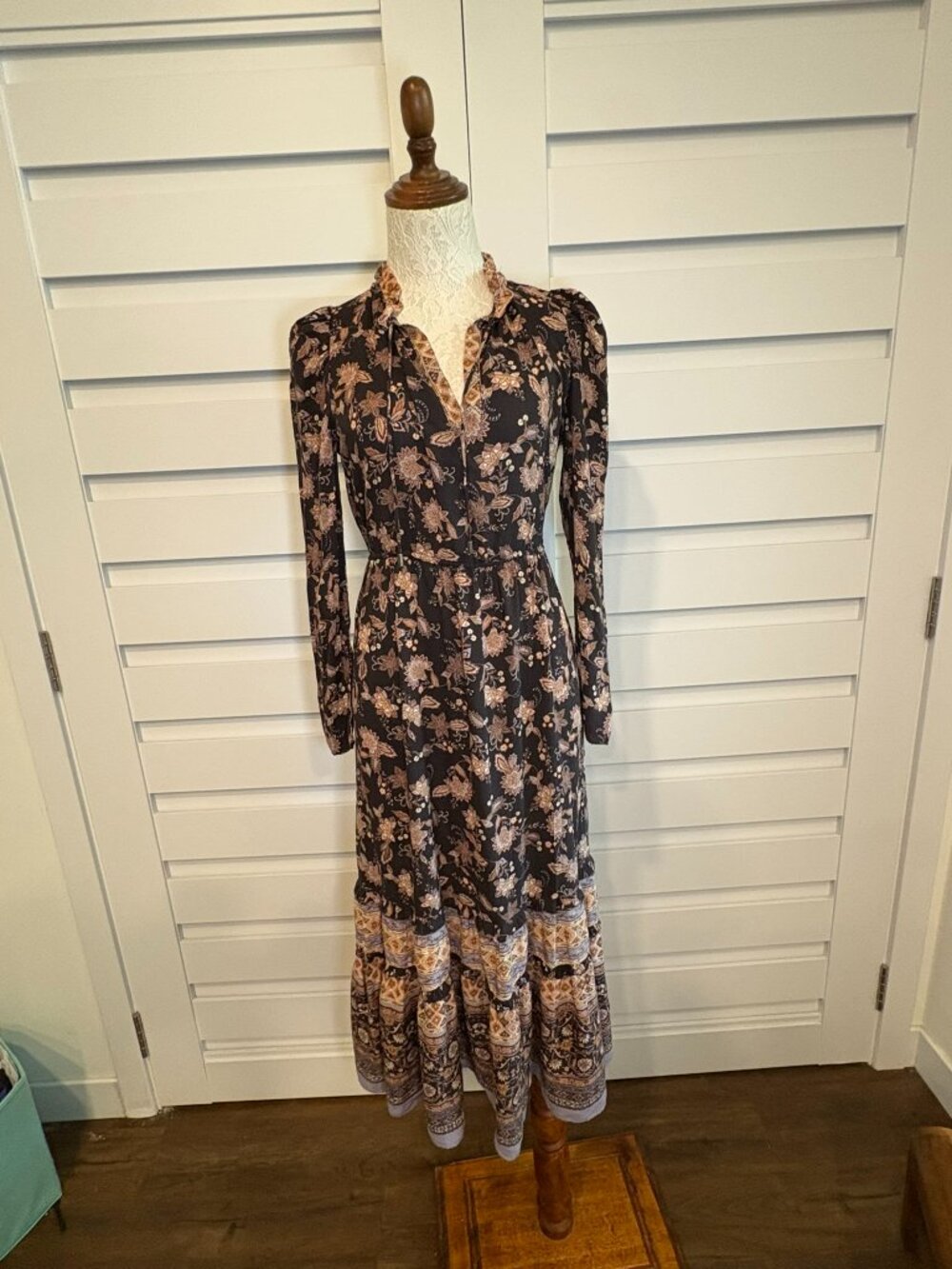 Olivaceous Prairie Floral Tiered Maxi Dress Black Boho Whimsgoth Long Sleeve S - Picture 4 of 14